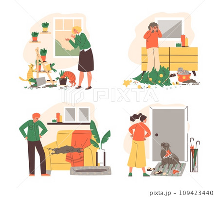 Set of scenes with pets making mess, flat vector illustration isolated on white background. Set of scenes with pets making mess, flat vector illustration isolated on white background. 109423440
