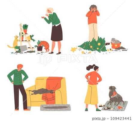 Set of people react to mess from pets flat style, vector illustration Set of people react to mess from pets flat style, vector illustration 109423441