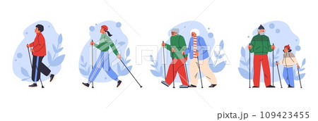 Diverse people nordic walking with poles, set of flat vector illustrations isolated on white background. Diverse people nordic walking with poles, set of flat vector illustrations isolated on white background. 109423455