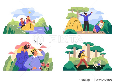 Ecotourism banners or screen designs set, flat vector illustration isolated. 109423469