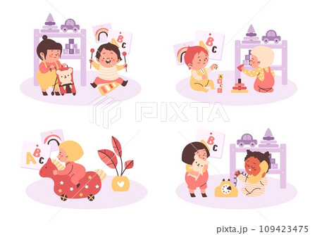 Set of cute babies playing with toys together, flat vector illustration isolated on white background. 109423475