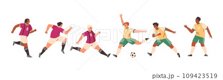 Football soccer male players vector set in action, cartoon athlete men in various dynamic poses, fighting for the ball 109423519