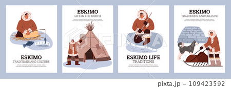 Life at the north pole vector posters set, people in traditional Eskimos clothing, awning and icehouse, fishing, hunting Life at the north pole vector posters set, people in traditional Eskimos clothing, awning and icehouse, fishing, hunting 109423592