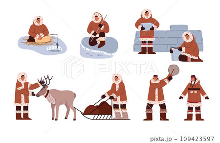 Culture and life at the north pole vector set, people in traditional Eskimos clothing, igloo, fishing, reindeer sleigh 109423597