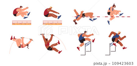Light athletics vector isolated set, cartoon sports men and women participate in high long jump, steeplechase pole vault 109423603