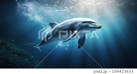 AI-generated content. Sea dolphin deep underwater in sunny rays. Ocean life, wildlife. Conservation species and population 109423633