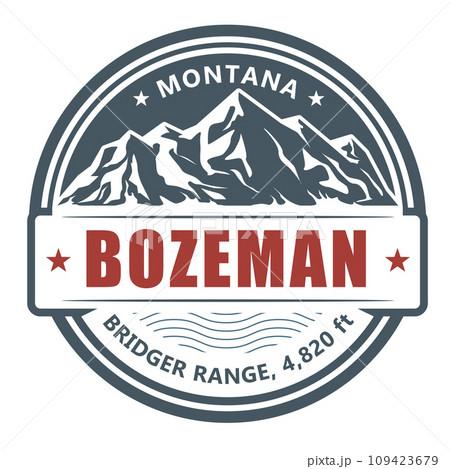 Bozeman, ski resort stamp, Utah bridger range emblem with snow covered mountains, vector Bozeman, ski resort stamp, Utah bridger range emblem with snow covered mountains, vector 109423679