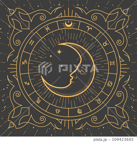 Half-moon inside ornamental frame, magic crescent in tarot style, zodiac signs and esoteric patterns, astrology mystic frame, vector Half-moon inside ornamental frame, magic crescent in tarot style, zodiac signs and esoteric patterns, astrology mystic frame, vector 109423685