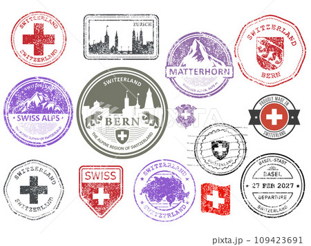 Switzerland shabby rubber stamp set, swiss cities and Alps badges, labels and symbols, emblems and flags, vector Switzerland shabby rubber stamp set, swiss cities and Alps badges, labels and symbols, emblems and flags, vector 109423691
