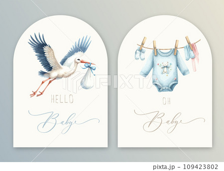 Cute baby shower watercolor invitation card with stork and bundle and newborn clothes. Hello baby calligraphy. 109423802
