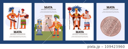Maya tribal leader, warrior, women in ethnic costume near the pyramid, vector posters set of Maya ancient civilization 109423960