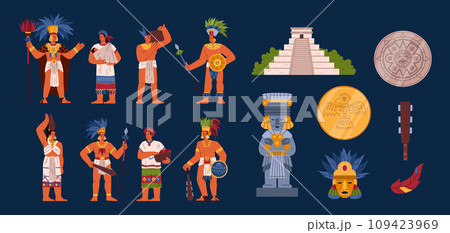 Maya civilization people and symbols, flat vector illustration isolated on dark background. Maya civilization people and symbols, flat vector illustration isolated on dark background. 109423969
