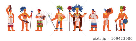 Maya tribal leader, warrior with weapon and locals women in traditional ethnic costume, Maya ancient civilization set Maya tribal leader, warrior with weapon and locals women in traditional ethnic costume, Maya ancient civilization set 109423986