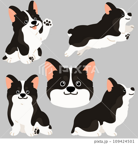 シンプルでかわいい黒いコーギーのイラストセット　主線なし 109424501