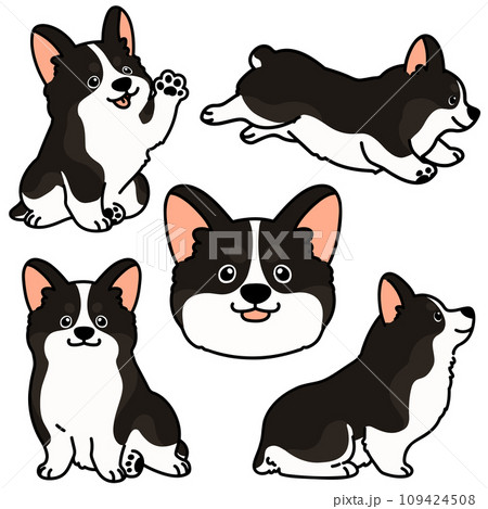 シンプルでかわいい黒いコーギーのイラストセット 主線あり シンプルでかわいい黒いコーギーのイラストセット 主線あり 109424508