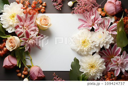 Mock up white blank paper sheet with Bouquet colorful flowers. Top view floral template empty card flat lay. vintage card 109424737