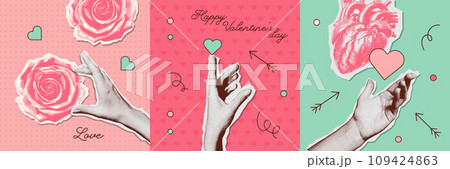 Trendy romantic halftone collage elements set with doodles. Floral mixed media design, vintage punk dotted Valentine day stickers of hands, hearts, flowers. Y2K vintage aesthetic vector illustration 109424863