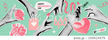 Creative set of Valentine's day greeting cards with Halftone hand and vintage Hearts, flowers. Contemporary Valentine Collage of Retro celebration poster for Social Media. 60s Vector stickers. 109424876