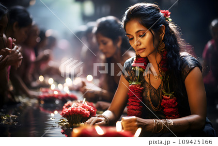 Portrait of beautiful Indian woman in Diwali Festival of Lights for Hindu in India. Ethnic tradition sari dress costume with decorated jewellery is native Hindu culture Portrait of beautiful Indian woman in Diwali Festival of Lights for Hindu in India. Ethnic tradition sari dress costume with decorated jewellery is native Hindu culture 109425166