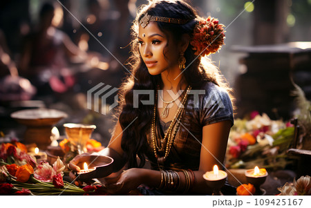 Portrait of beautiful Indian woman in Diwali Festival of Lights for Hindu in India. Ethnic tradition sari dress costume with decorated jewellery is native Hindu culture 109425167