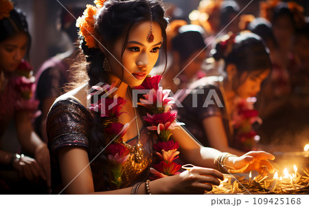 Portrait of beautiful Indian woman in Diwali Festival of Lights for Hindu in India. Ethnic tradition sari dress costume with decorated jewellery is native Hindu culture Portrait of beautiful Indian woman in Diwali Festival of Lights for Hindu in India. Ethnic tradition sari dress costume with decorated jewellery is native Hindu culture 109425168