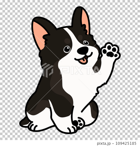 Illustration of a simple and cute black corgi waving while sitting, with main line 109425185