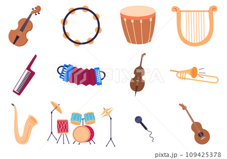 Musical instruments vector illustration. Classical melodies resonate as instruments play in perfect harmony Instrumental leisure becomes journey into world rhythmic enchantment 109425378