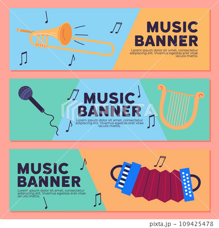 Musical instruments vector illustration. Instruments orchestrate seamless blend classical and world music genres The orchestral concert unfolds, presenting harmonious fusion melodies. Music banner 109425478