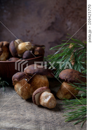 Imleria Badia or Boletus badius mushrooms commonly known as the bay bolete and clay bowl with mushrooms on vintage wooden background.. 109425770