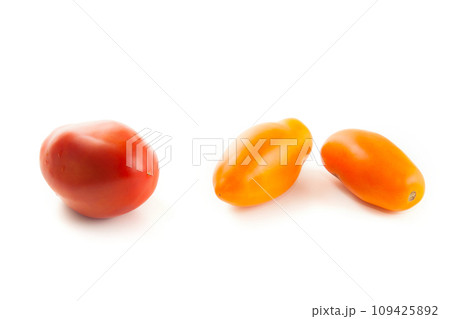 Assort of different shape and color of tomatoes isolated on white background with clipping path. . Assort of different shape and color of tomatoes isolated on white background with clipping path. . 109425892