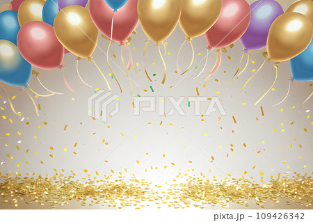 a celebration background with confetti and gold balloons 109426342