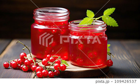 AI-generated content. Compote of red currants on a wooden plate. Two jars of red currant jam on a wooden table. 109426537