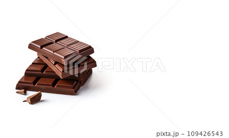 AI-generated content. Chocolate pieces isolated on white background. Close-up chocolate with space for text. 109426543