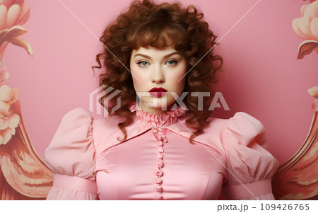 Portrait Caucasian fat woman curly hair in pink costume on pink background. Vintage retro fashionable and fantasy disco style party 109426765