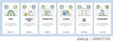 Camping gear website and mobile app onboarding screens vector template 109427150