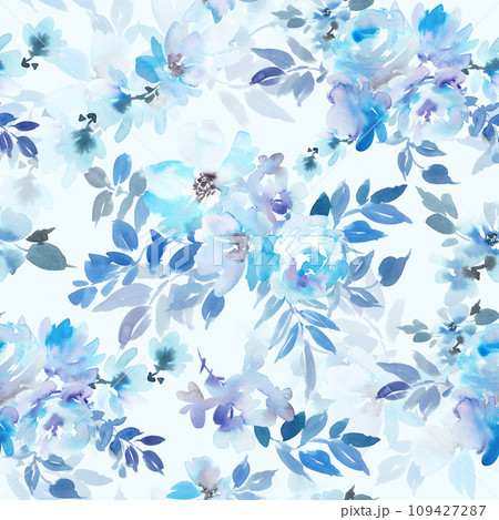水彩で描いたブルーの草花のシームレスパターン 109427287