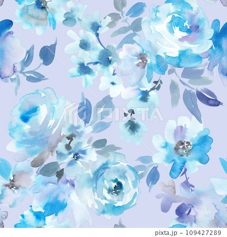 水彩で描いたブルーのバラと草花のシームレスパターン 水彩で描いたブルーのバラと草花のシームレスパターン 109427289