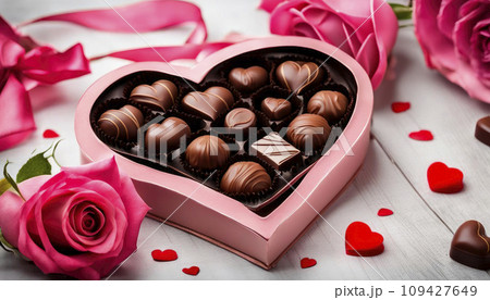 Chocolates, red roses on a wooden background. Valentine's day, romance, greeting card 109427649