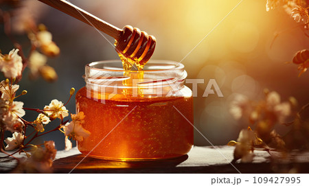 Honey in a glass jar 109427995