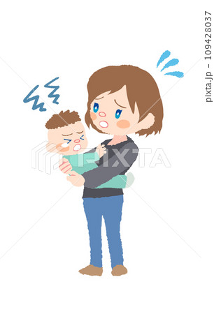 抱っこを嫌がる赤ちゃん（発達障害）とお母さんのイラスト 109428037