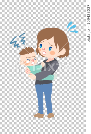 抱っこを嫌がる赤ちゃん（発達障害）とお母さんのイラスト 109428037