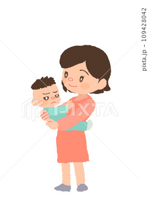抱っこを嫌がる赤ちゃんと微笑むお母さんのイラスト 109428042