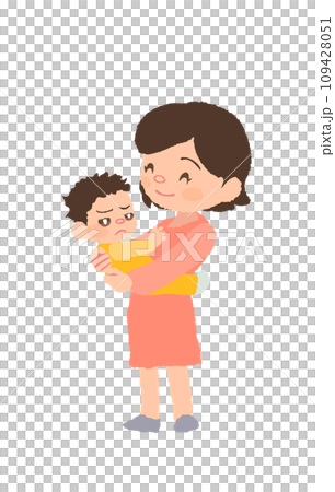 抱っこを嫌がる赤ちゃんと微笑むお母さんのイラスト 109428051