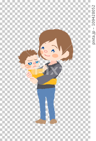 抱っこを嫌がる赤ちゃんと微笑むお母さんのイラスト 109428052