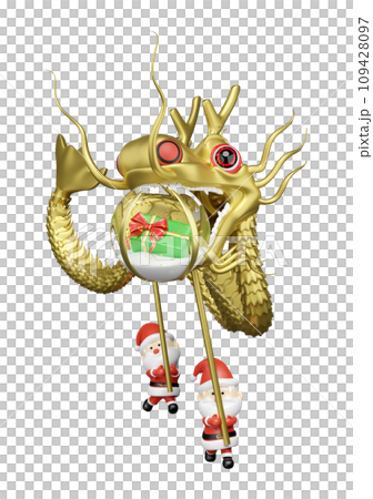 3d gold Chinese Dragon Dance with santa claus, decorative snow globe glass transparent, gift box, hat. merry christmas and happy new year, 3d render illustration 109428097