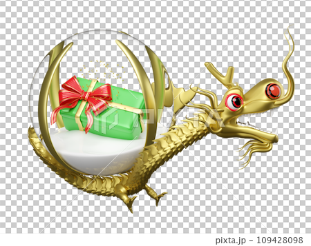 3d gold Chinese Dragon with decorative snow globe glass transparent, gift box. merry christmas and happy new year, 3d render illustration 109428098