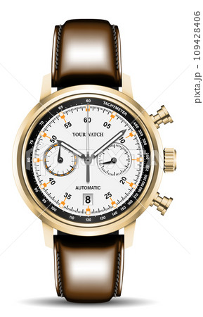 Realistic watch clock chronograph gold white black number brown leather strap on isolated design classic luxury vector Realistic watch clock chronograph gold white black number brown leather strap on isolated design classic luxury vector 109428406