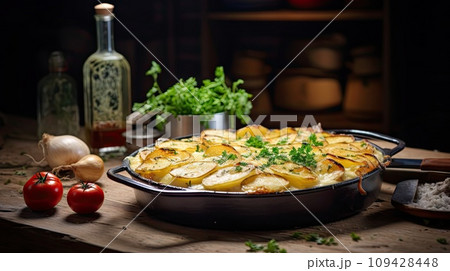 Potato gratin - graten, scalloped in baking dish 109428448