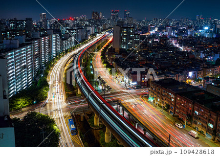 The night view of the railway in Guro Digital Complex, Seoul, Korea The night view of the railway in Guro Digital Complex, Seoul, Korea 109428618