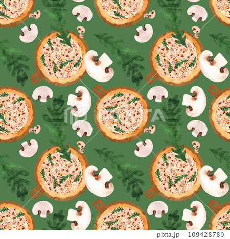Seamless pizza pattern with mushrooms and arugula. Watercolor illustration for menus, recipes, kitchen textiles, design of cafes, restaurants and pizzerias, as well as pizza boxes and packaging. Seamless pizza pattern with mushrooms and arugula. Watercolor illustration for menus, recipes, kitchen textiles, design of cafes, restaurants and pizzerias, as well as pizza boxes and packaging. 109428780